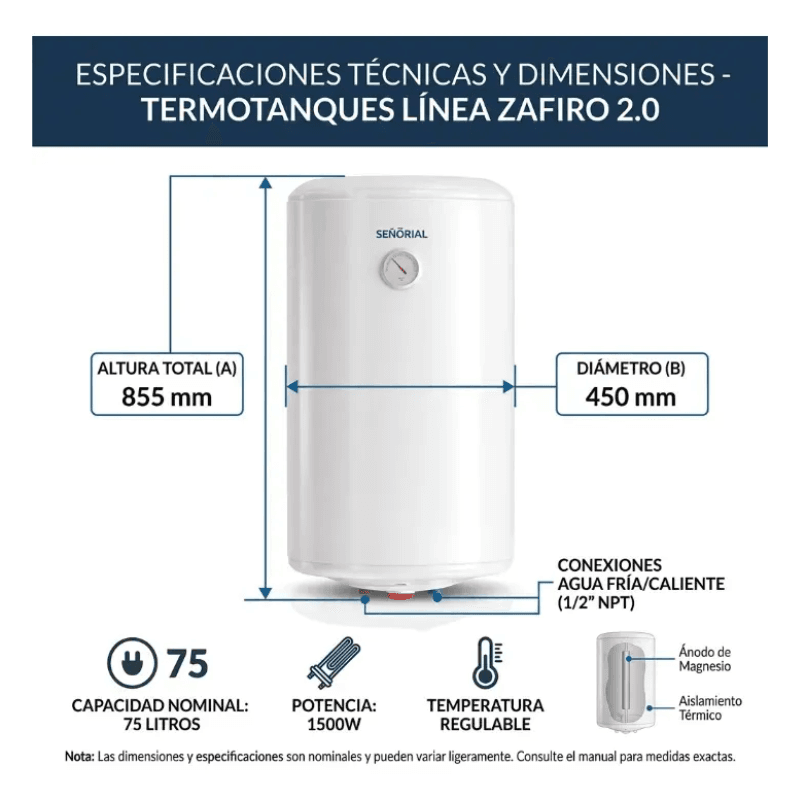 TERMOTANQUE SEÑORIAL ZAFIRO 2.0 75 LTS ELECT CON/INF P/COLGAR - Imagen 3