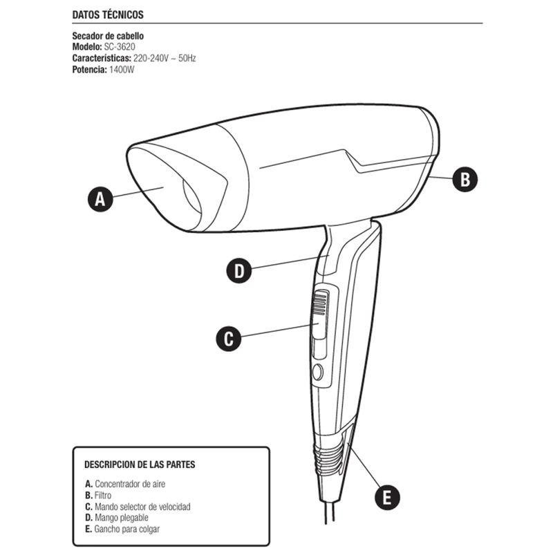 SECADOR DE PELO YELMO SC-3620 1400 W MANUAL - Imagen 3